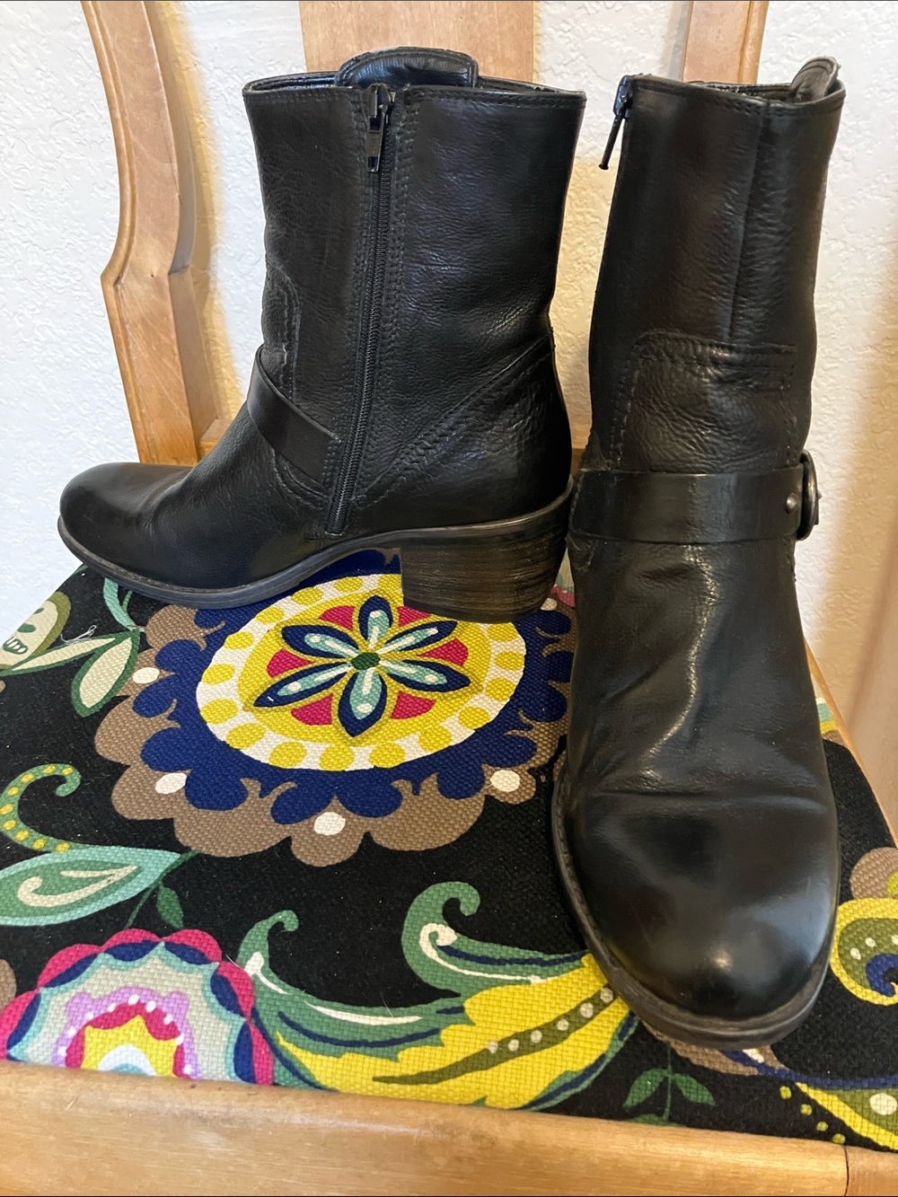 Clark’s black leather booties with chunky heel